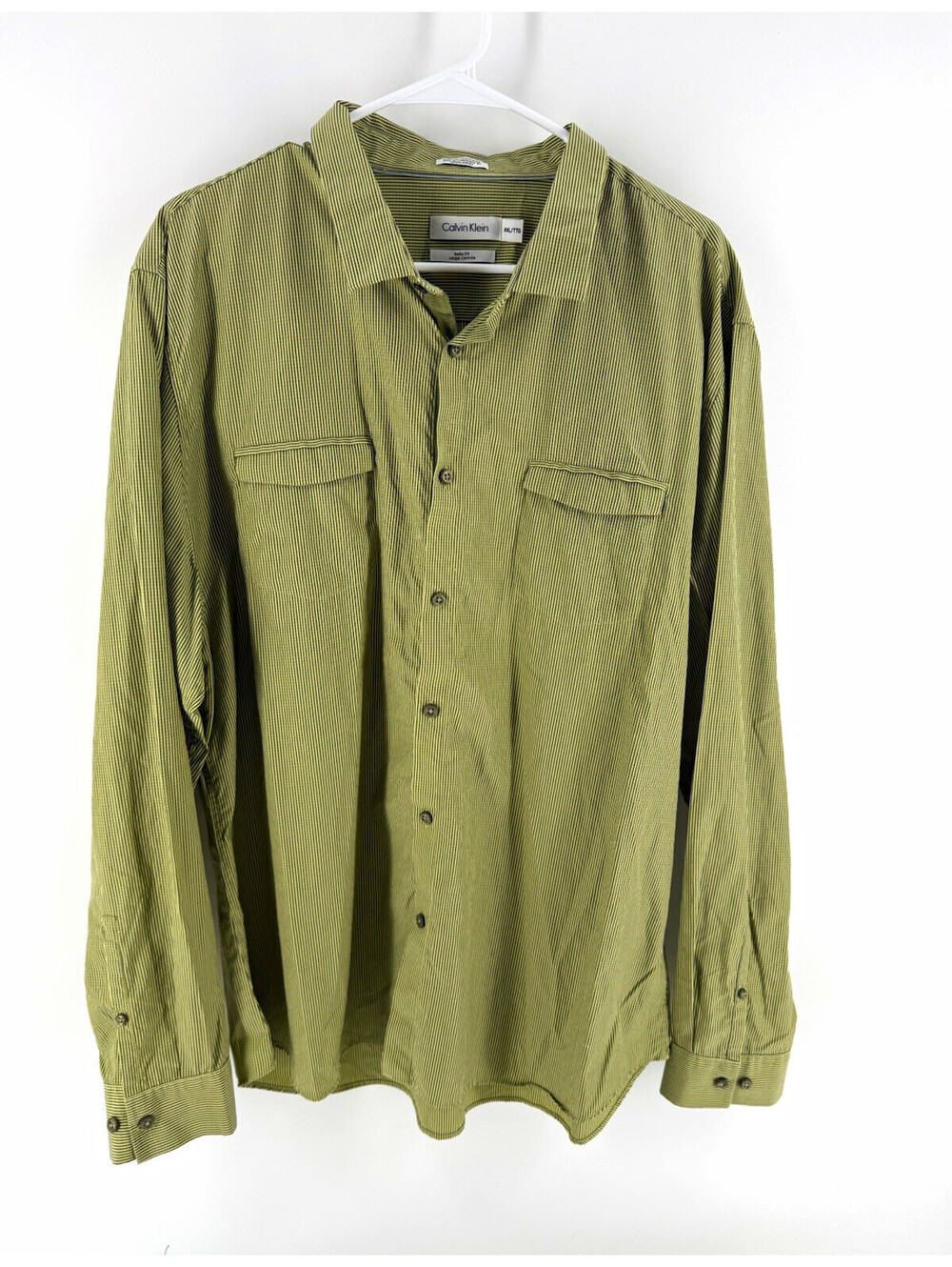 Calvin Klein Mens XXL Green Striped Long Sleeve Body Fit Button Up Shirt Pockets